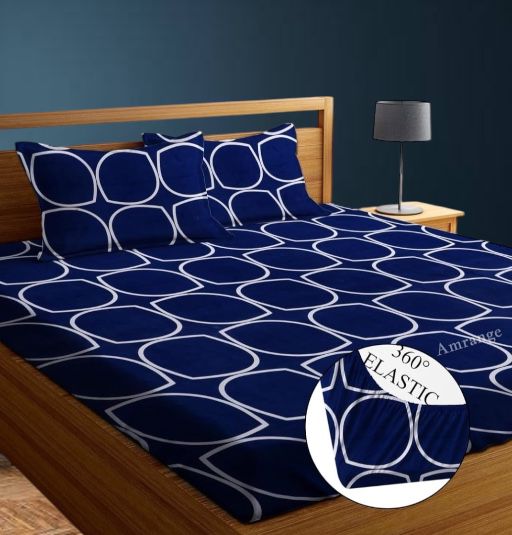 Super Soft Glace Cotton All Round Elastic Fitted Double Bed Bedsheet with 2 Pillow Covers-72x78x8